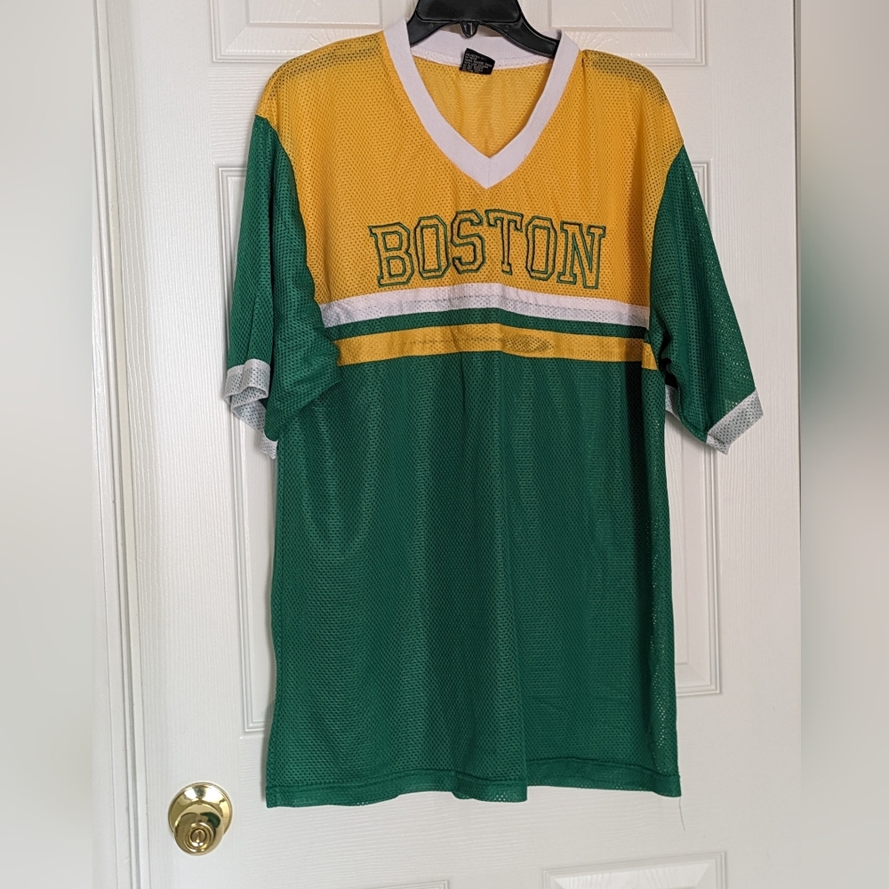 Retro Boston Yellow and Green Mesh Jersey Designer Jeans Co. Men's Size Large
